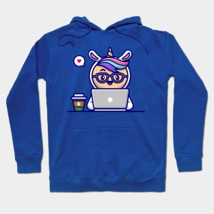 Cute Man Wearing Unicorn Costume Working On Laptop With Coffee Cartoon Hoodie